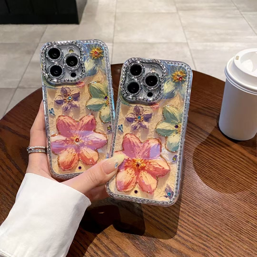 3D Floral Embossed iPhone Cases With Rhinestone Camera Ring