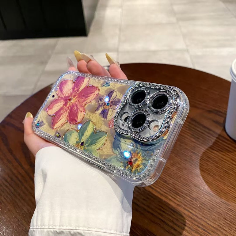 Rhinestone Daisy Designer Case For iPhone With Diamond Camera Lens