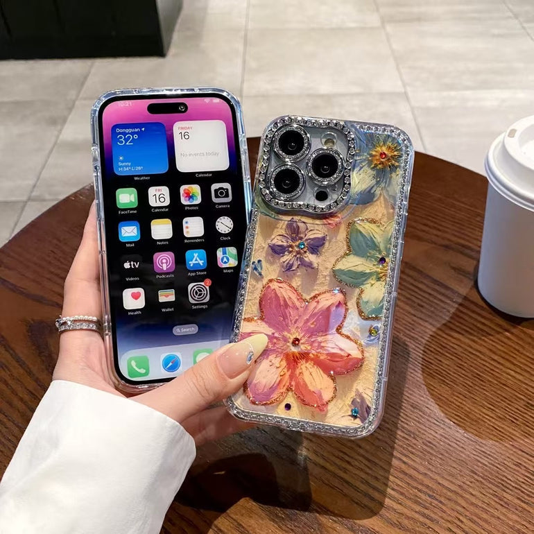 Rhinestone Daisy Designer Case For iPhone With Diamond Camera Lens