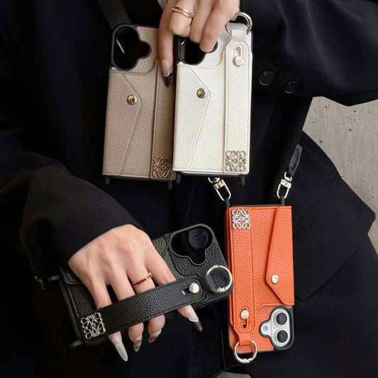 Luxury Branded Leather Wallet Case For iPhone With Holder And Sling beige