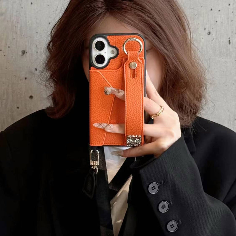 Luxury Branded Leather Wallet Case For iPhone With Holder And Sling orange