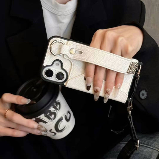 Luxury Branded Leather Wallet Case For iPhone With Holder And Sling white