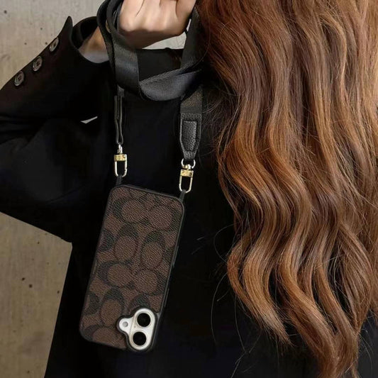 Luxury Branded Leather Case For iPhone With Sling dark brown
