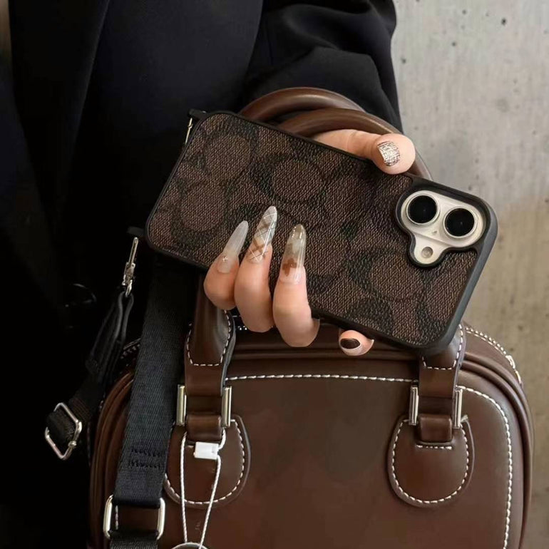 Luxury Branded Leather Case For iPhone With Sling dark brown