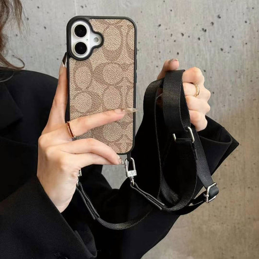 Luxury Branded Leather Case For iPhone With Sling light brown
