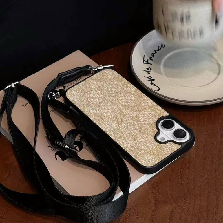 Luxury Branded Leather Case For iPhone With Sling dark brown