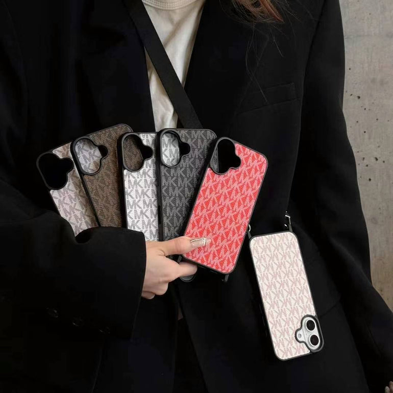 Luxury Branded Leather Case For iPhone With Sling sand pink