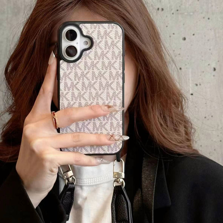 Luxury Branded Leather Case For iPhone With Sling sand pink