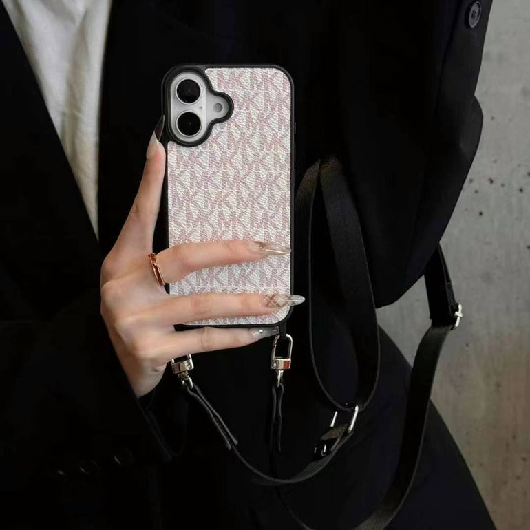 Luxury Branded Leather Case For iPhone With Sling sand pink