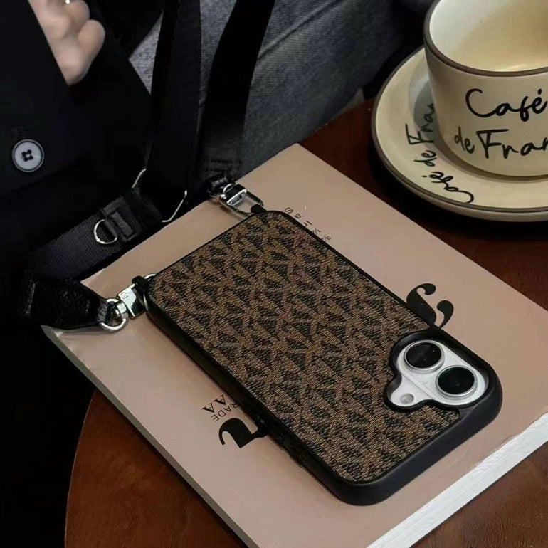 Luxury Branded Leather Case For iPhone With Sling sand pink