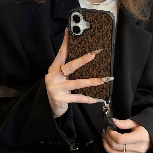 Luxury Branded Leather Case For iPhone With Sling dark brown