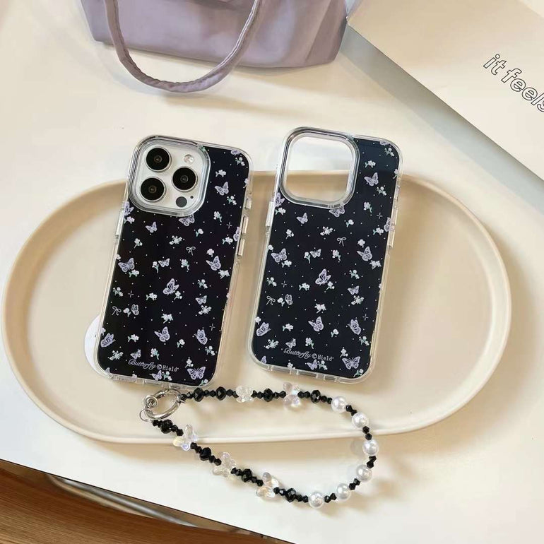Floral Butterflies Silicon Case For iPhone With Butterfly Beaded Charm