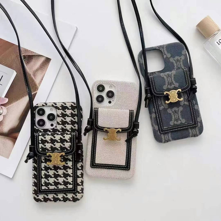 Luxury Branded Leather Wallet Case For iPhone With Sling white