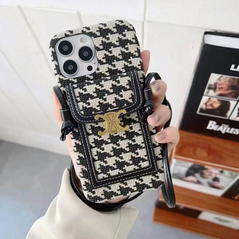 Luxury Branded Leather Wallet Case For iPhone With Sling white