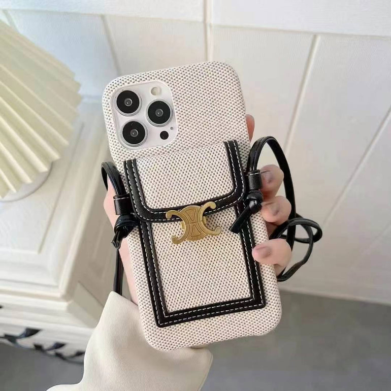 Luxury Branded Leather Wallet Case For iPhone With Sling white