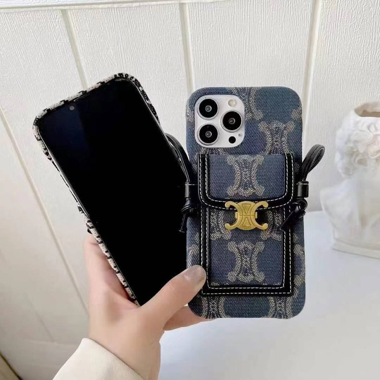 Luxury Branded Leather Wallet Case For iPhone With Sling white