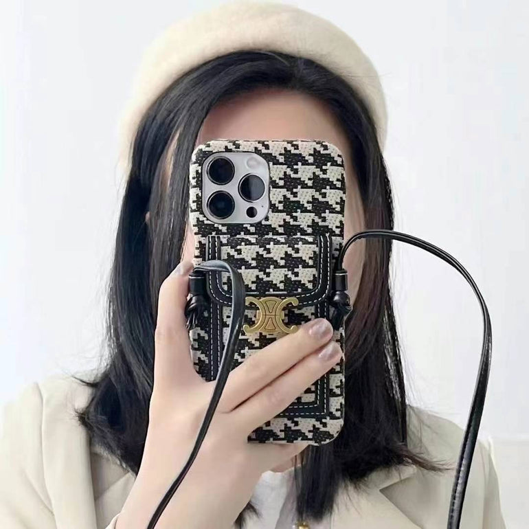 Luxury Branded Leather Wallet Case For iPhone With Sling white