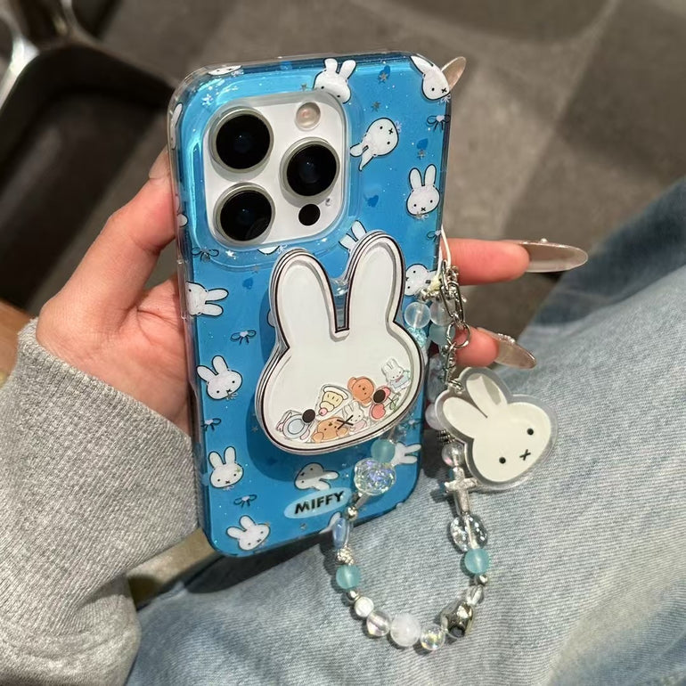 Bunny Pattern Silicon Case For iPhone With Bunny Holder With Bunny Charm