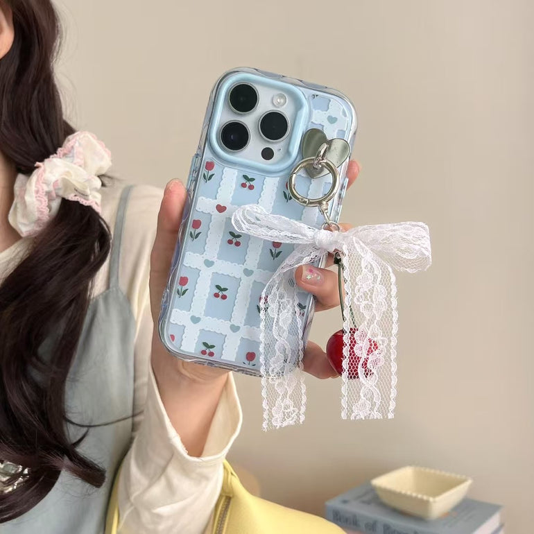 Rose Cherry Pattern Silicon Case For iPhone With Cherry Charm