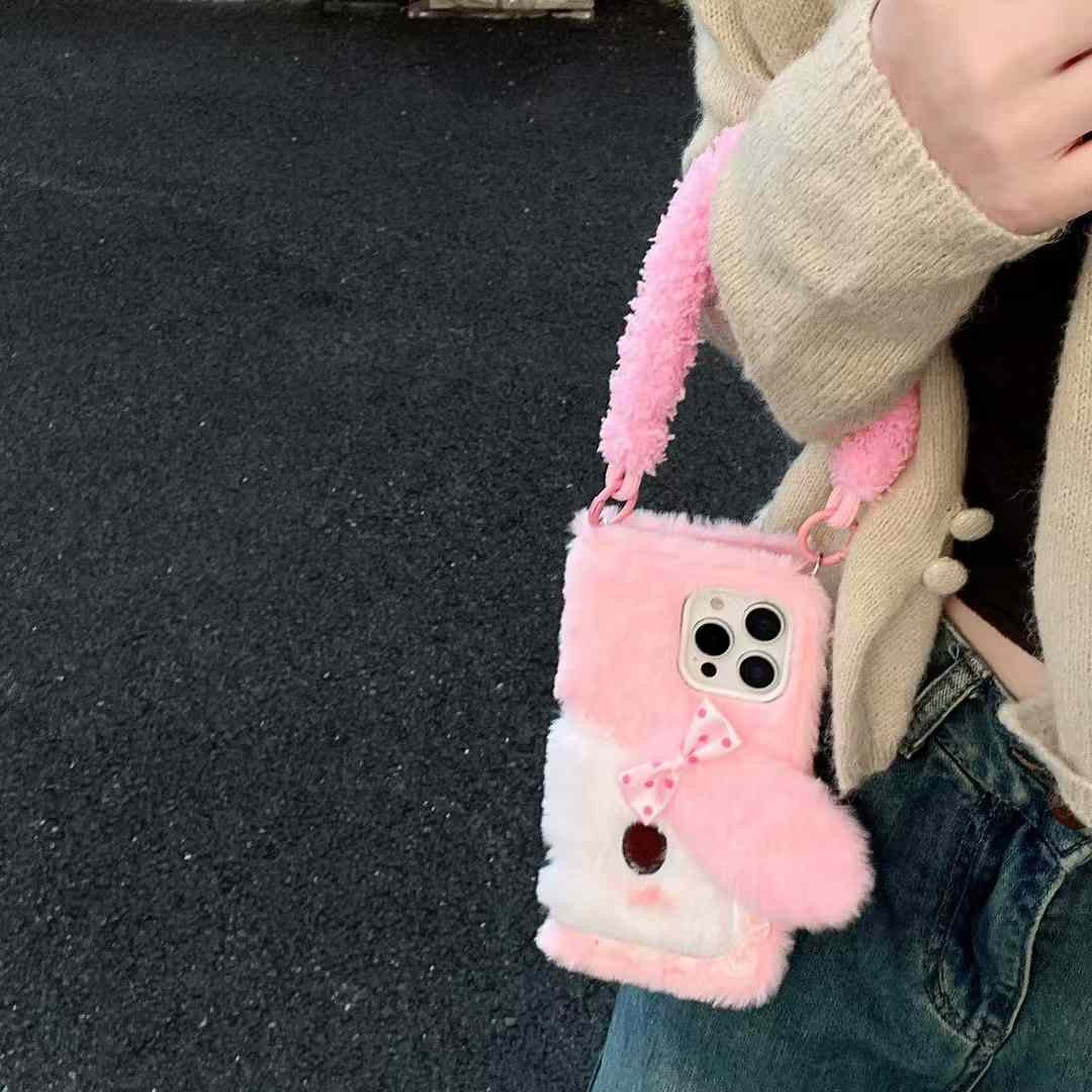 Cute Girl Warm Plush Flip Case For iPhone With Hand Bracelet