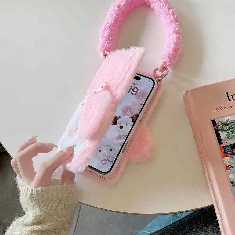 Cute Girl Warm Plush Flip Case For iPhone With Hand Bracelet