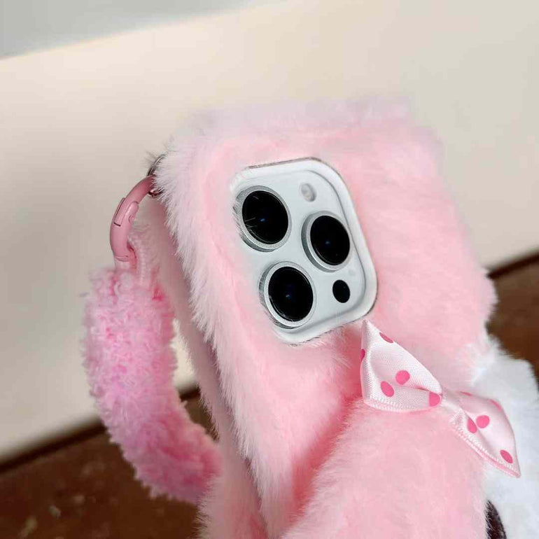Cute Girl Warm Plush Flip Case For iPhone With Hand Bracelet