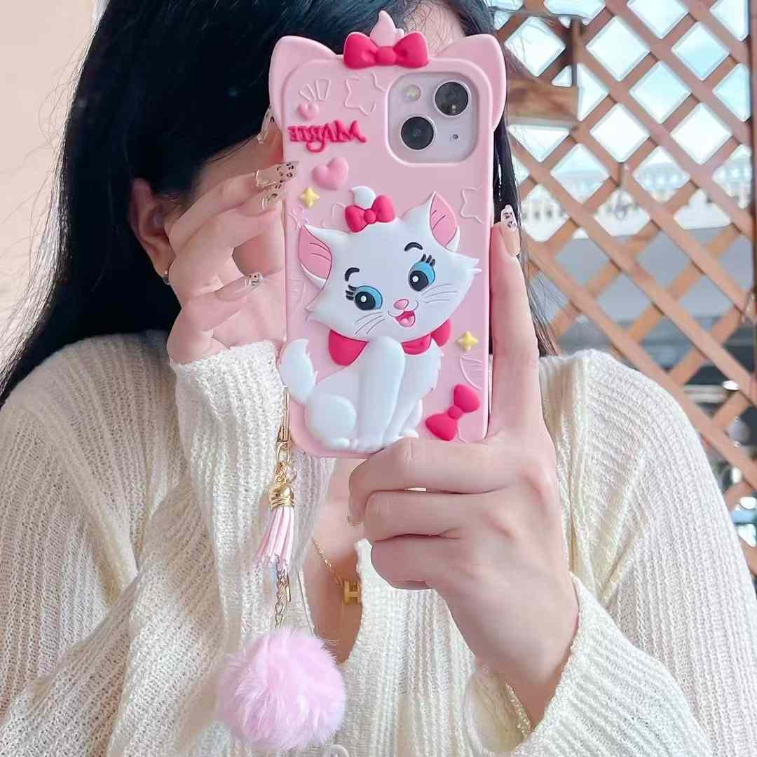 MARIE ! Kitty Silicon Case For iPhone With Pom Pom Charm