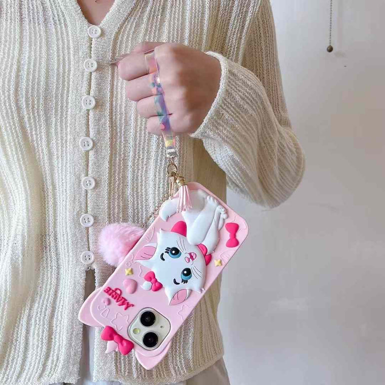 MARIE ! Kitty Silicon Case For iPhone With Pom Pom Charm