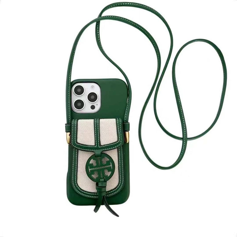 Luxury Branded Leather Wallet iPhone Case With Sling pine green