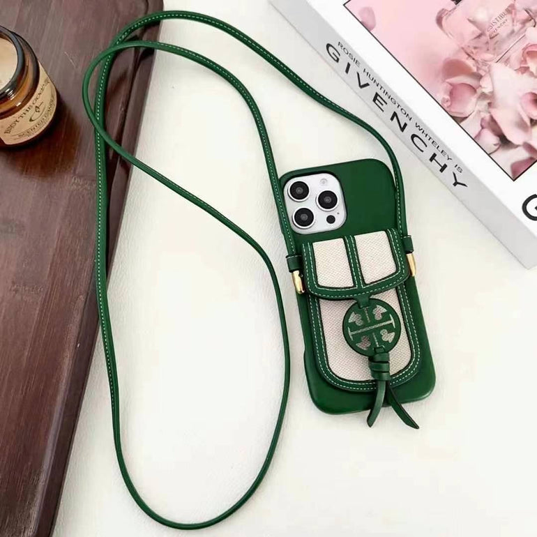 Luxury Branded Leather Wallet iPhone Case With Sling pine green