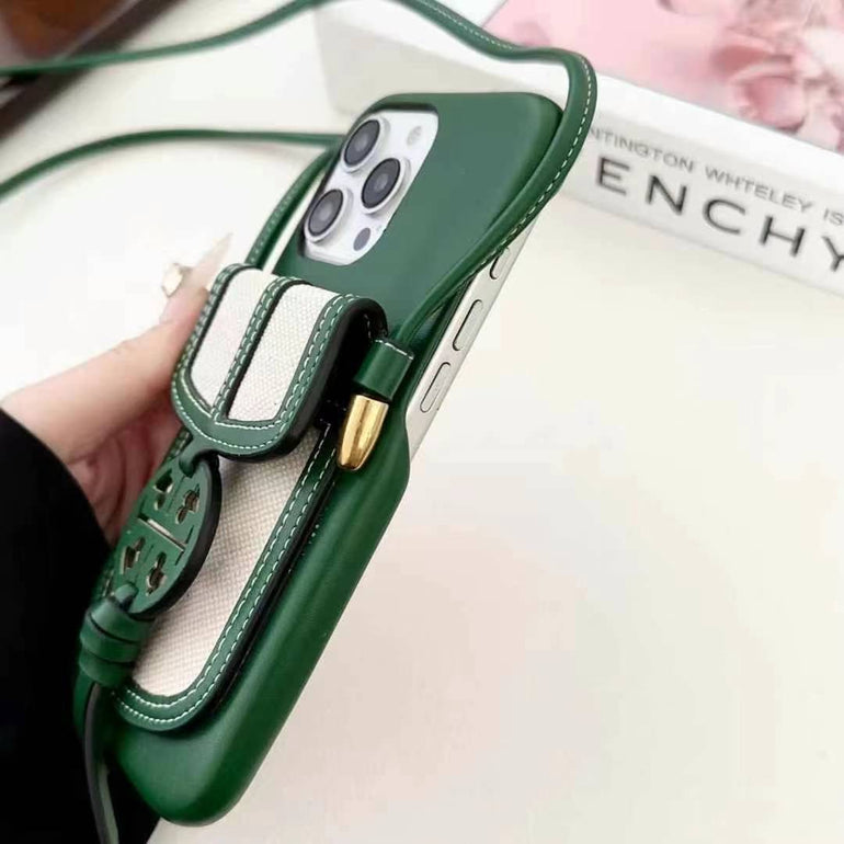 Luxury Branded Leather Wallet iPhone Case With Sling pine green