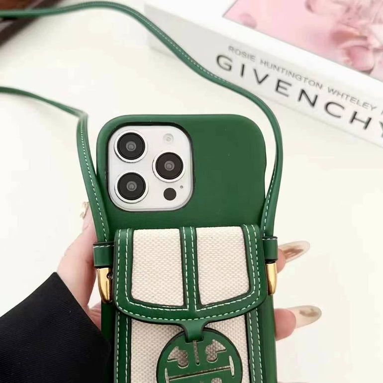 Luxury Branded Leather Wallet iPhone Case With Sling pine green