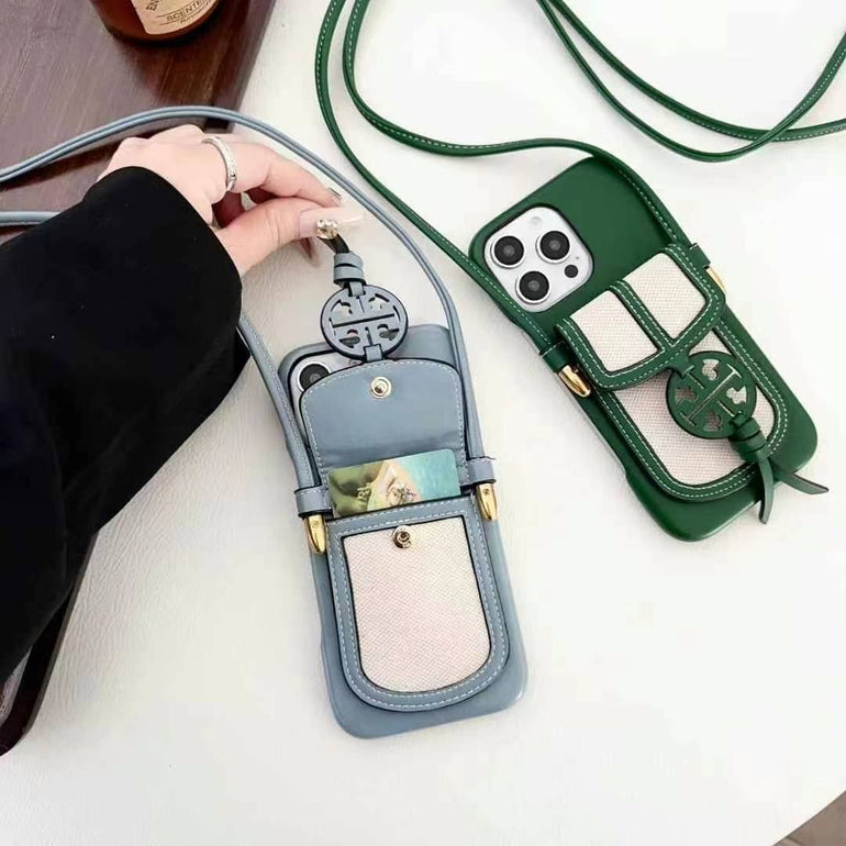 Luxury Branded Leather Wallet iPhone Case With Sling pine green