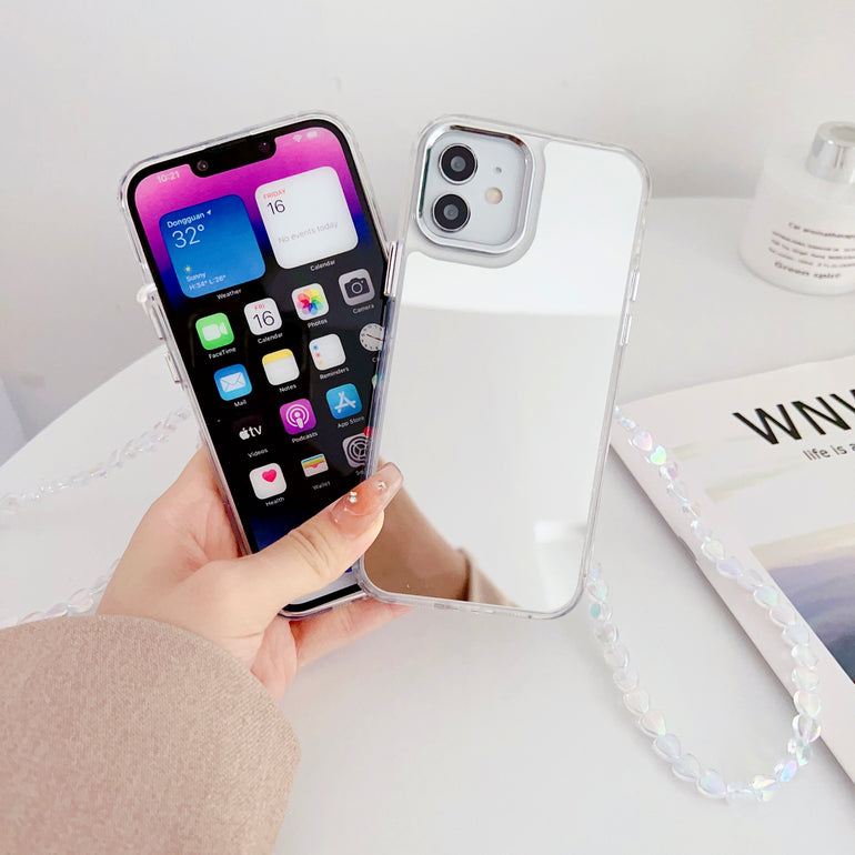 Silicon Silver Mirror Case For iPhone With Heart Crystal Charm