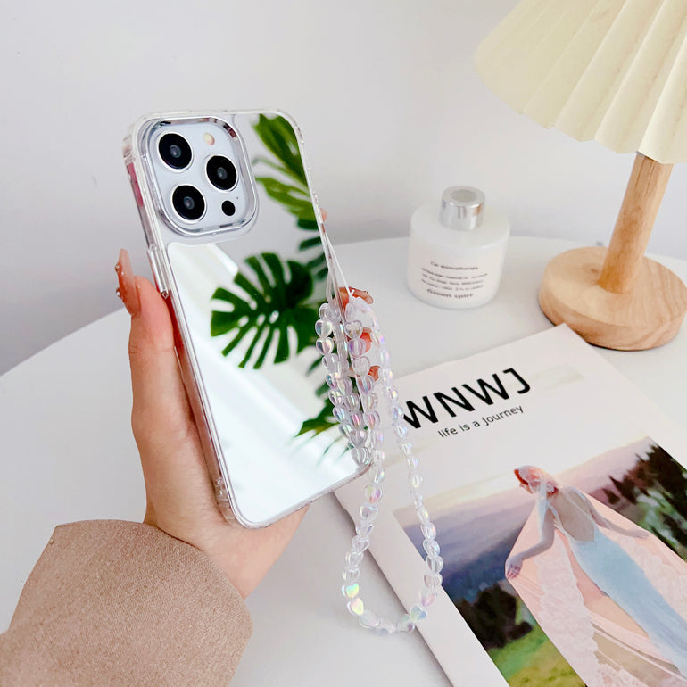 Silicon Silver Mirror Case For iPhone With Heart Crystal Charm