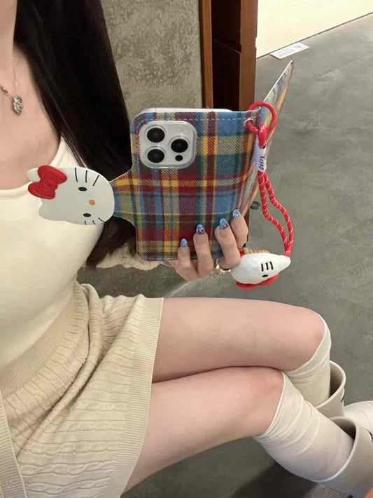 Kitty Checkered Flip Case For iPhone With Kitty Charm