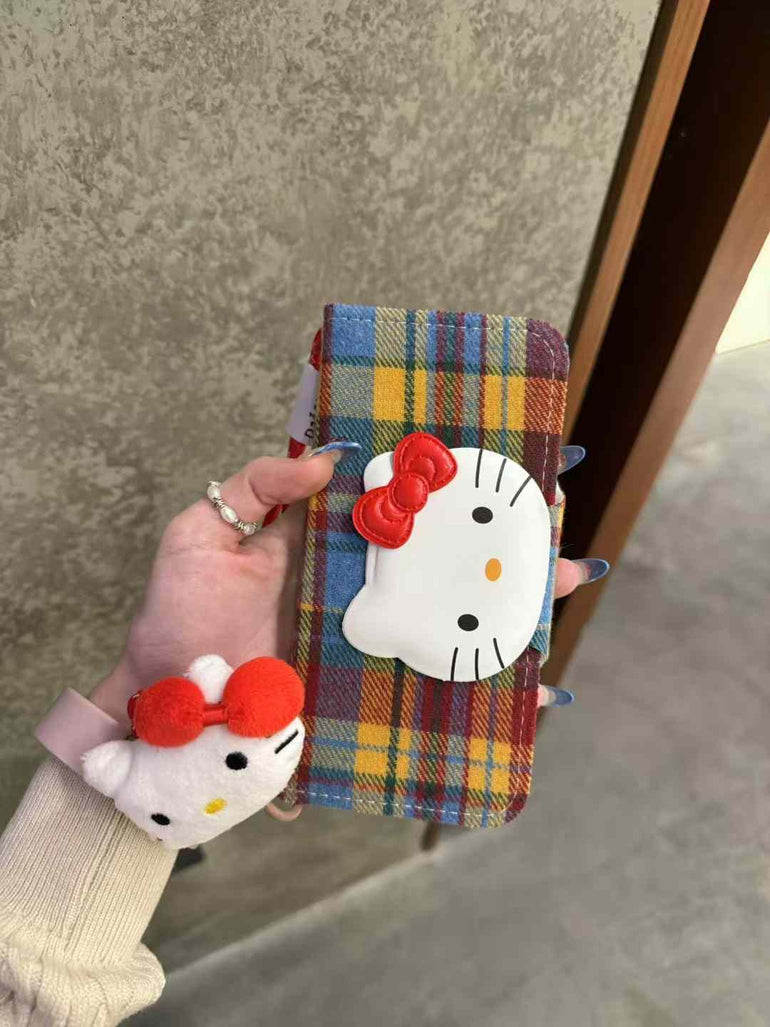 Kitty Checkered Flip Case For iPhone With Kitty Charm