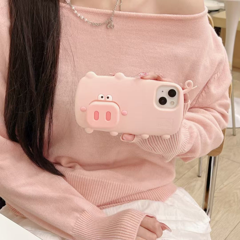 3D Pig Silicon Case For iPhone With Inbuilt Holder