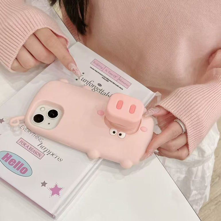 3D Pig Silicon Case For iPhone With Inbuilt Holder