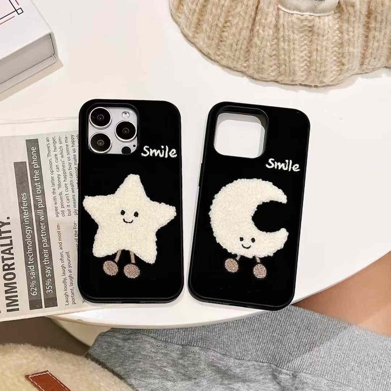 Smiley Moon And Star Embroidery Case For iPhone