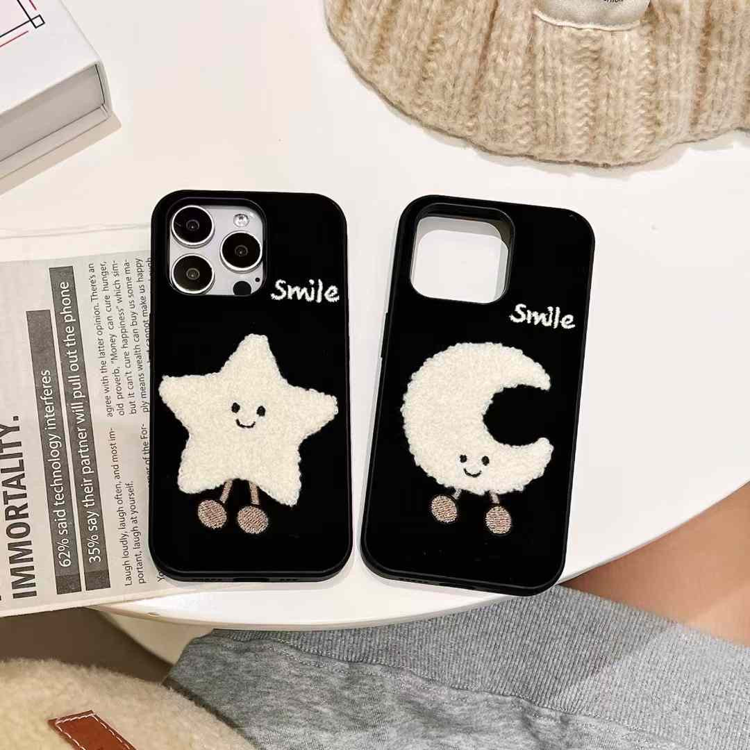 Smiley Moon And Star Embroidery Case For iPhone