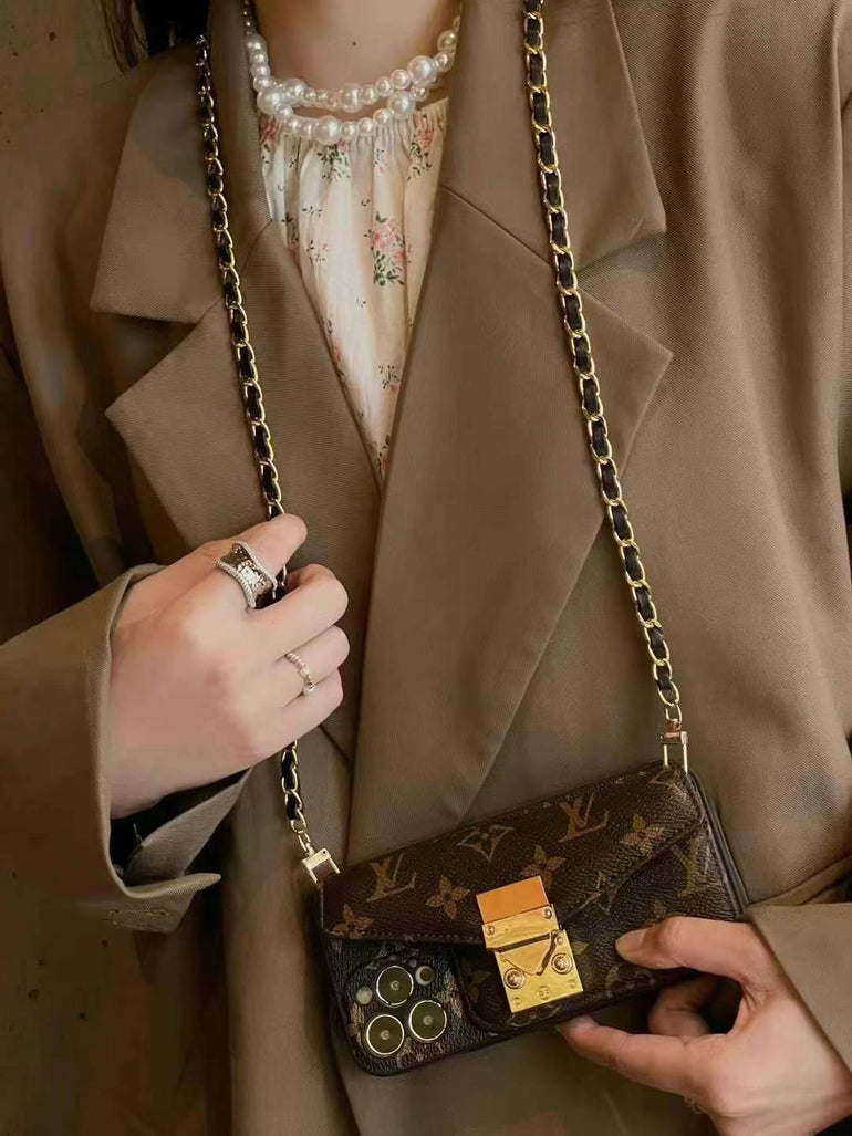 Luxury Branded Leather Wallet iPhone Case With And Sling dark brown