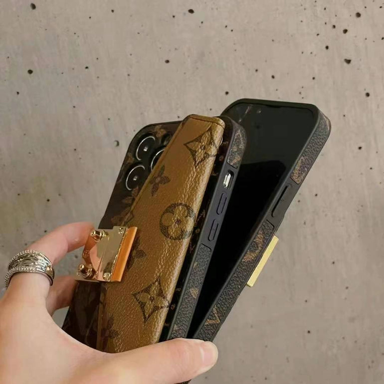 Luxury Branded Leather Wallet iPhone Case With And Sling dark brown
