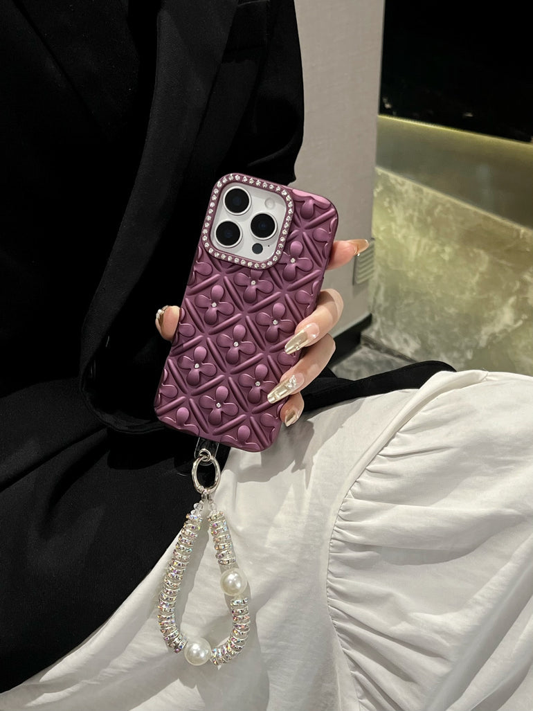 Luxury 3D Floral iPhone Cases with Pearl Bracelet Strap