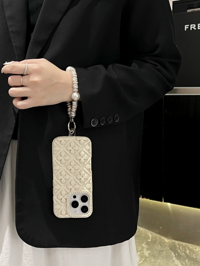 Luxury 3D Floral iPhone Cases with Pearl Bracelet Strap