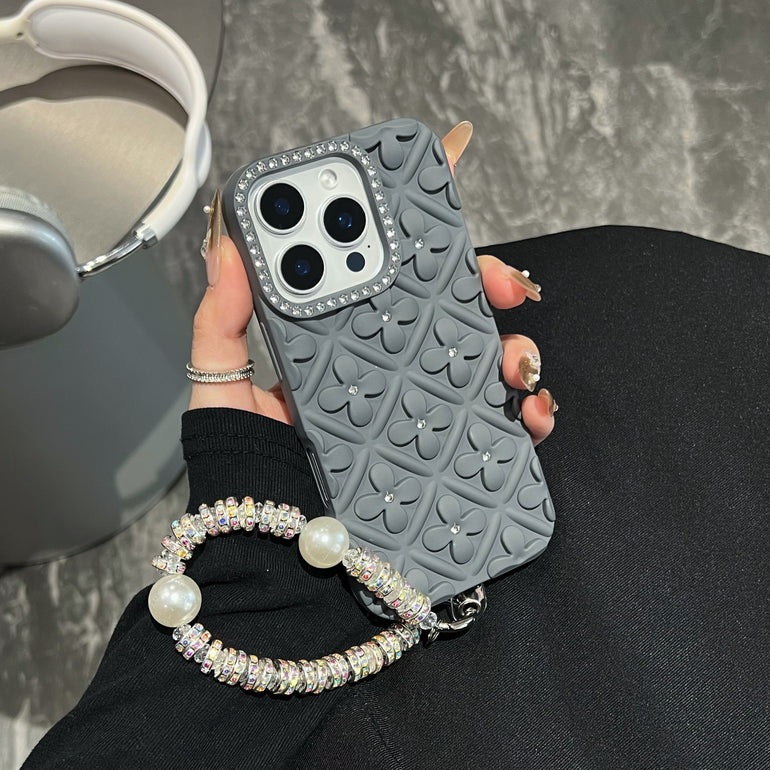 Luxury 3D Floral iPhone Cases with Pearl Bracelet Strap