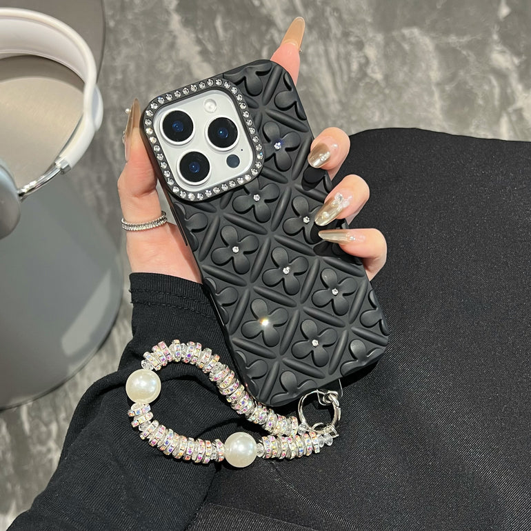 Luxury 3D Floral iPhone Cases with Pearl Bracelet Strap