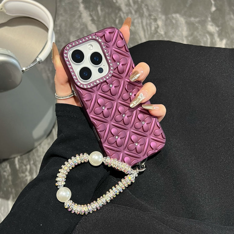 Luxury 3D Floral iPhone Cases with Pearl Bracelet Strap