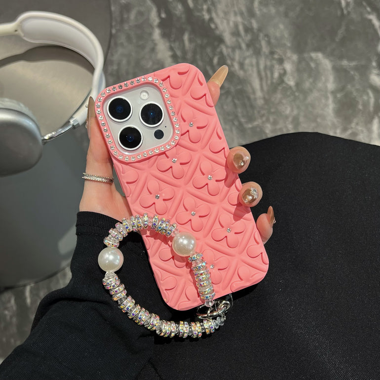 Luxury 3D Floral iPhone Cases with Pearl Bracelet Strap