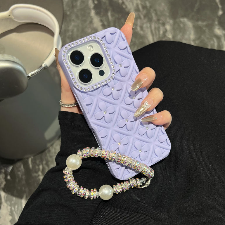 Luxury 3D Floral iPhone Cases with Pearl Bracelet Strap